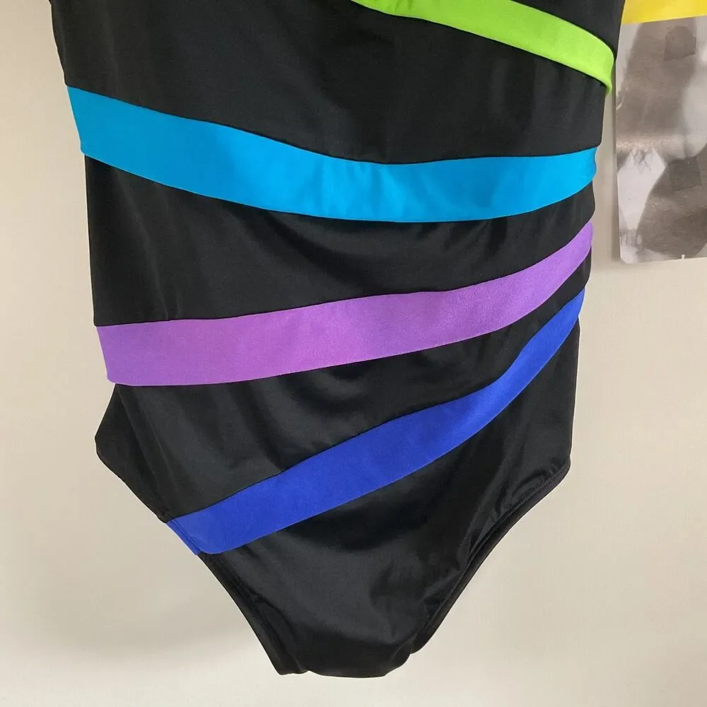 Longitude Inches Away Colorblock Piping Fan One Piece Swimsuit 20W Black Multi